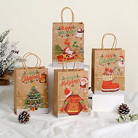 Sacs en papier kraft, avec poignées, sacs-cadeaux, sacs à provisions, pour les sacs de fête de Noël, rectangle