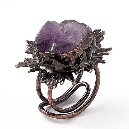 Irregular Natural Amethyst Cuff Rings, Rack Plating Brass Wide Ring for Women, Cadmium Free & Lead Free, Red Copper