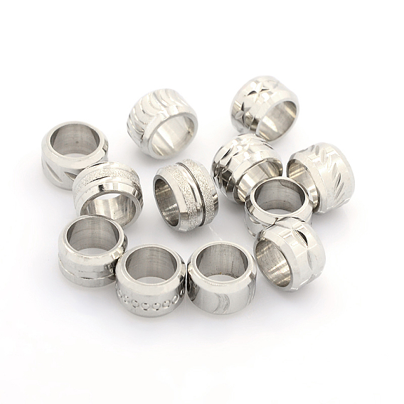 304 Stainless Steel Mixed Style Column Large Hole Beads, 11x7mm, Hole: 8mm