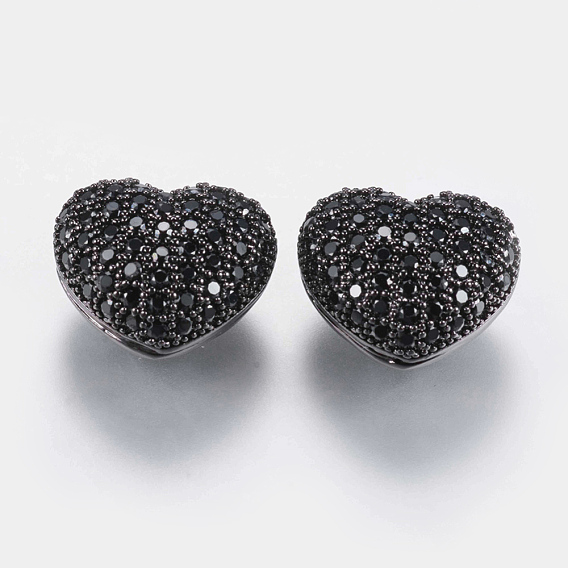 Brass Micro Pave Cubic Zirconia Beads, Hollow Heart, Black