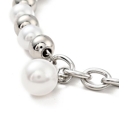201 pulsera de dijes de campana de acero inoxidable, pulsera de cuentas de perlas de plástico con 304 cadenas de eslabones de acero inoxidable para mujer