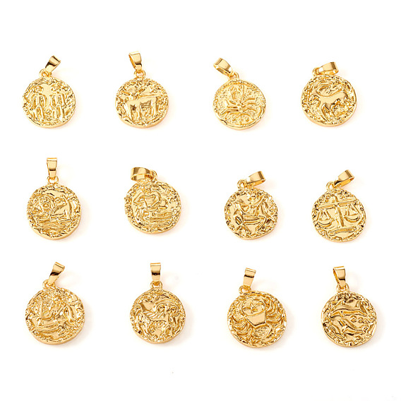 Brass Pendants, Textured, Flat Round with 12 Constellation/Zodiac Sign, Real 18K Gold Plated