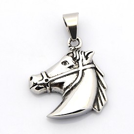 Retro 304 Stainless Steel Horse Head Pendants, 39x35x6.5mm, Hole: 8x10mm