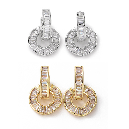 Clear Cubic Zirconia Donut Dangle Hoop Earrings, Brass Jewelry for Women