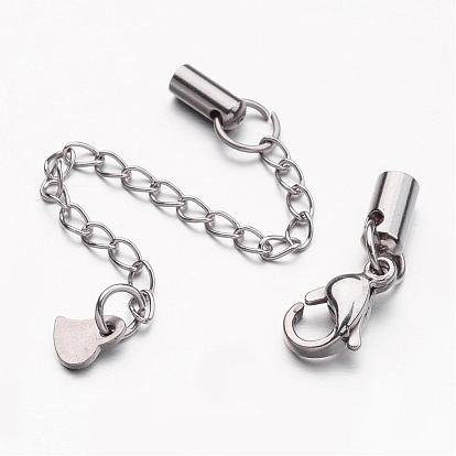 304 Stainless Steel Chain Extender, with Cord Ends and Lobster Claw Clasps, Heart Charm