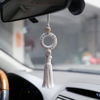 Bague avec des décorations de pendentif en coton macramé avec des perles de bois, pour ornement suspendu de rétroviseur intérieur de voiture