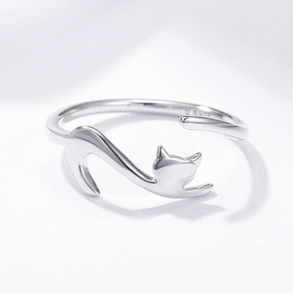 925 Sterling Silver Cuff Finger Rings, Adjustable,  Cat, with 925 Stamp