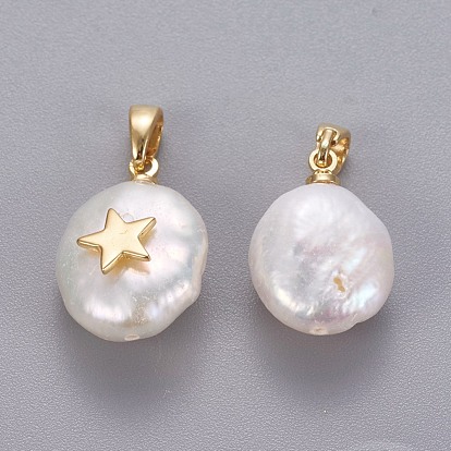 Pendentifs de perles d'eau douce de culture naturelle, avec les accessoires en laiton, pépites avec étoile, plaqué longue durée