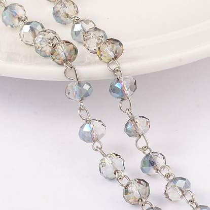 Chaîne en perles de verre électrolytique faites main rondelle, non soudée, avec les accessoires en laiton plaqués de platine, 39.3 pouce, à propos 79pcs / m