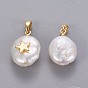 Natural Cultured Freshwater Pearl Pendants, with Brass Findings, Nuggets with Star, Long-Lasting Plated