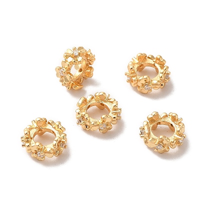 Rack Plating Brass Micro Pave Cubic Zirconia European Beads, Large Hole Beads, Long-Lasting Plated, Flower