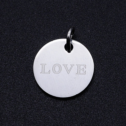 201 Stainless Steel Charms, with Jump Rings, Flat Round with Word LOVE