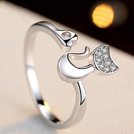 Crystal Rhinestone Cat with Heart Open Cuff Ring, Brass Jewelry for Women