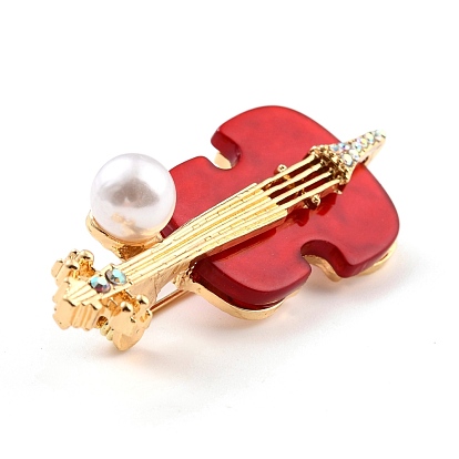 Broche de aleación de violín con perla de resina, exquisito pin de solapa de instrumentos musicales para niña mujer, dorado