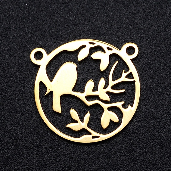 201 Stainless Steel Pendants, Filigree Joiners Findings, Laser Cut, Round Ring with Branch with Bird