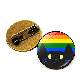 Glass Cat with Stripe Lapel Pin, Alloy Flat Round Badge for Backpack Clothes