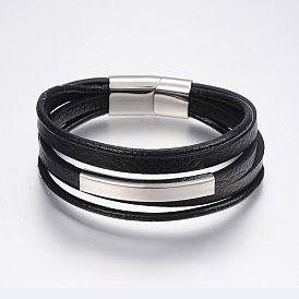 Men's Braided Leather Cord Multi-strand Bracelets, with 304 Stainless Steel Findings, Rectangle