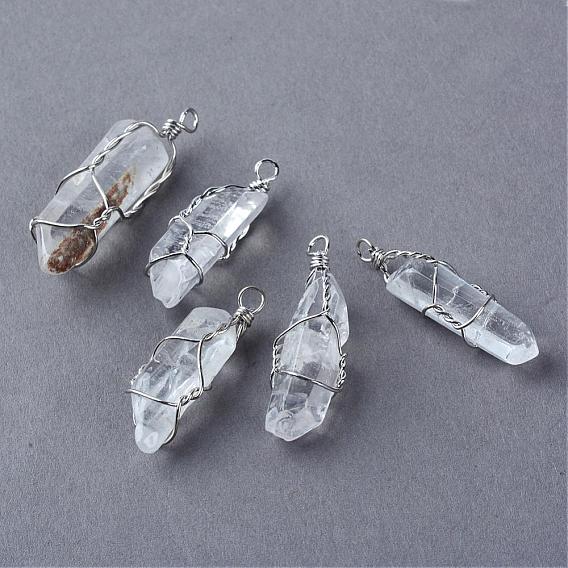 Pendeloques de cristal de quartz naturel, cristal de roche, pendentifs point, avec des fils de fer, platine
