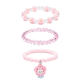 3Pcs 3 Style Acrylic Beaded Stretch Bracelets Set with Resin Rabbit Charms for Kids