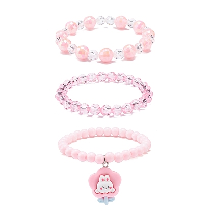 3Pcs 3 Style Acrylic Beaded Stretch Bracelets Set with Resin Rabbit Charms for Kids
