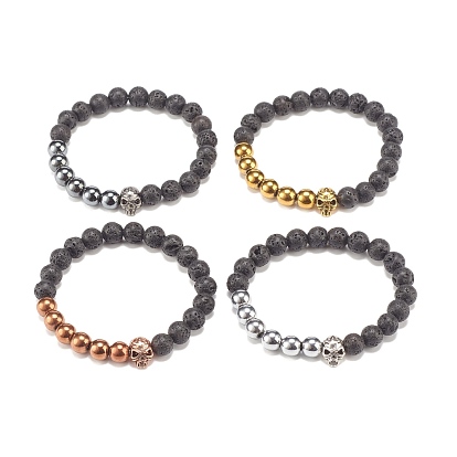 4 pcs 4 ensemble de bracelets extensibles en perles rondes en pierre de lave naturelle et hématite synthétique, bracelets de pierres précieuses d'huile essentielle avec crâne en alliage pour halloween