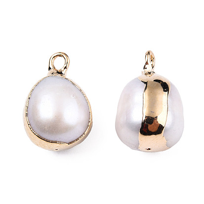 Electroplate Natural Baroque Pearl Keshi Pearl Pendants, Cultured Freshwater Pearl, with Iron Findings, Oval Charm