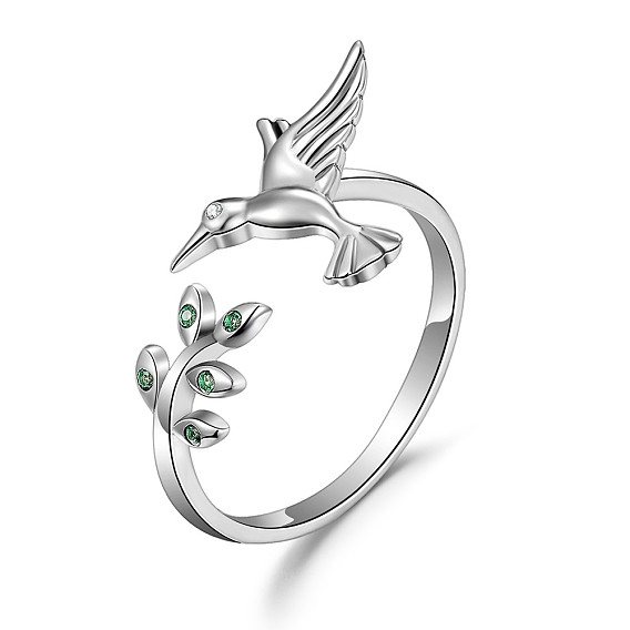 SHEGRACE 925 Sterling Silver Cuff Rings, Open Rings, with Grade AAA Cubic Zirconia, Bird with Leaf