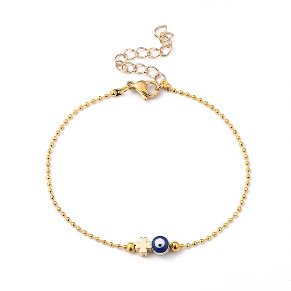 Bracelets perlés, avec des perles de trèfle en laiton et des chaînes à billes, perles d'émail en alliage mauvais œil, 304 inox homard fermoirs pince