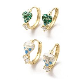 Real 18K Gold Plated Brass Heart Hoop Earrings, with Enamel and Glass