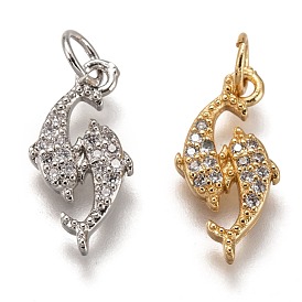 Brass Micro Pave Clear Cubic Zirconia Pendants, Cadmium Free & Lead Free, Long-Lasting Plated, Double Fish