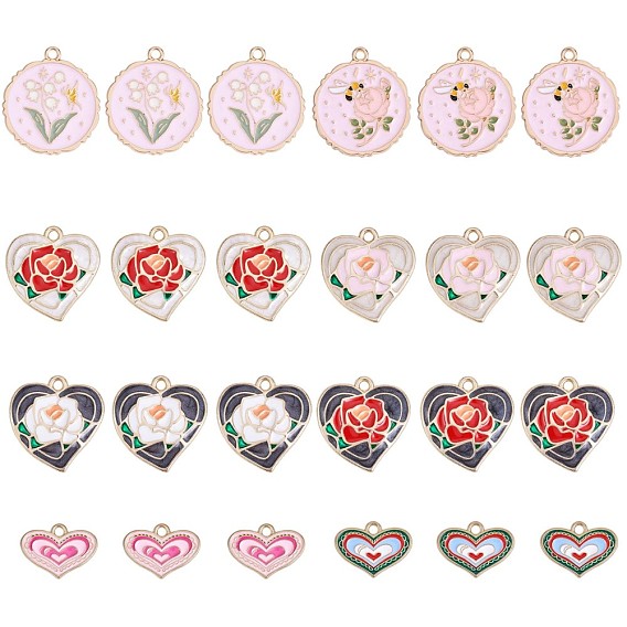 24 pendentifs en alliage émaillé, or et de lumière, coeur avec rose & coeur & plat rond avec fleur