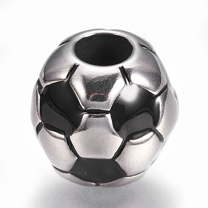 304 Stainless Steel European Beads, with Enamel, Large Hole Beads, Rondelle with FootBall/Soccer Ball