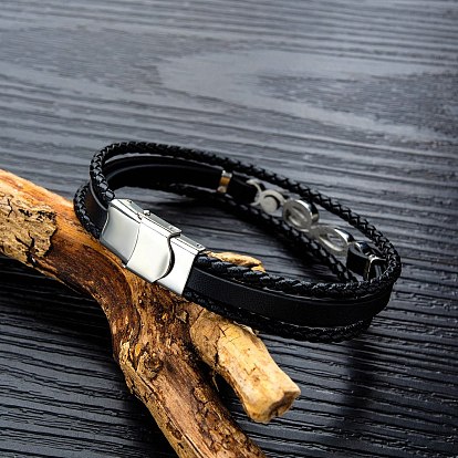 Bracelet multi-brins triple couche avec cordons tressés en cuir, bracelet à maillons en acier inoxydable avec note de musique pour homme