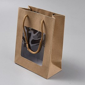 Kraft Paper Visible Window Gift Bags with Rope Handles, Portable Paper Tote Shopping Bags, Rectangle