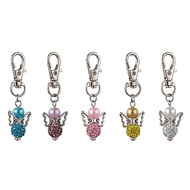 5Pcs 5 Colors Angel Polymer Clay Rhinestone Pendant Decorations, with Glass Pearl Beads and Alloy Swivel Lobster Claw Clasps