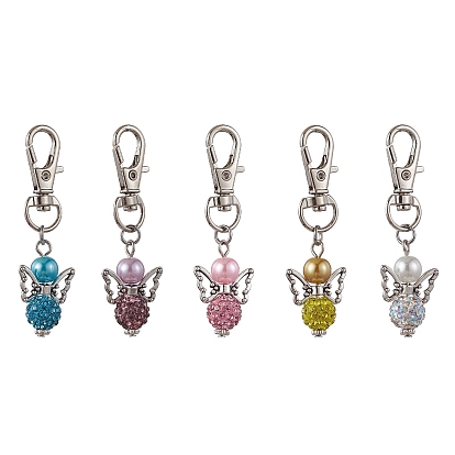 5Pcs 5 Colors Angel Polymer Clay Rhinestone Pendant Decorations, with Glass Pearl Beads and Alloy Swivel Lobster Claw Clasps