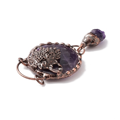 Natural Amethyst Big Pendants, with Red Copper Tone Brass Findings, Flat Round with Lion & Teardrop, Cadmium Free & Lead Free