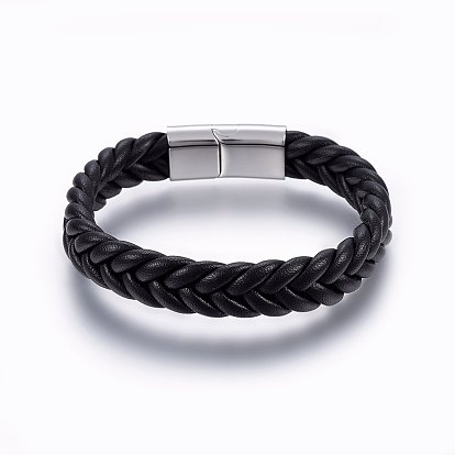 Кожаные браслеты плетеного шнура, 304 магнитная застежка из нержавеющей стали, прямоугольные