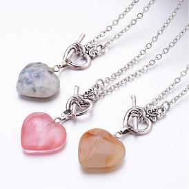 Смешанный драгоценный камень кулон ожерелья, сердце, с медными кабельными цепями и застежками из сплава