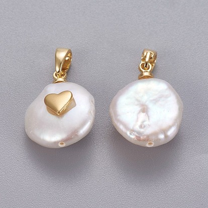 Natural Cultured Freshwater Pearl Pendants, with Brass Findings, Nuggets with Heart, Long-Lasting Plated