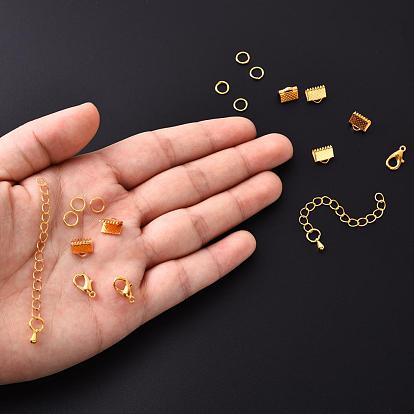 50 Pieces DIY Ribbon Ends Making Kits, Including Iron Ribbon Crimp Ends & Unsoldered Jump Rings, Zinc Alloy Lobster Claw Clasps, Brass Chain Extenders