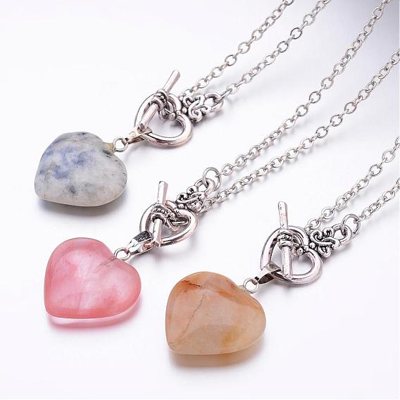 Mixed Gemstone Pendant Necklaces, Heart, with Brass Cable Chains and Alloy Clasps
