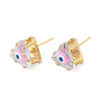 Triangle Glass with Enamel Evil Eye Stud Earrings, Real 18K Gold Plated Brass Jewelry for Women