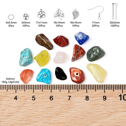 Kit de fabrication de bijoux en perles de pierre mélangées à faire soi-même, y compris les perles de copeaux de pierre mélangées naturelles et synthétiques, pendentif et perle en alliage, crochet de boucle d'oreille en laiton et anneau de saut, fil de cuivre, Fer Pin, Fil cristal