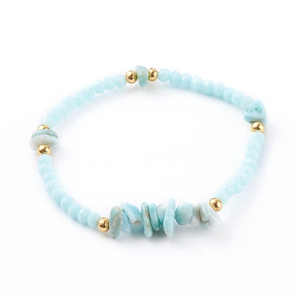 Ensembles de bracelets extensibles, perles de verre, perles éclats de larimar naturel et 304 pendentifs en acier inoxydable, shell cauris, or