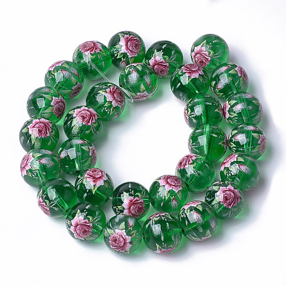 Perles de verre transparentes imprimées et peintes au pistolet, ronde avec motif de fleurs
