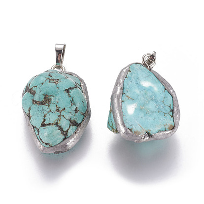 Turquoise Pendants, with Platinum Tone Brass Findings, Nuggets