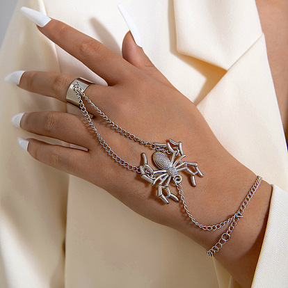 Alloy Curb Chain Bracelets, Spider Charm Bracelet with Plain Open Cuff Rings