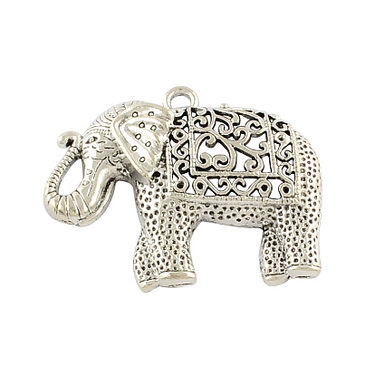 Tibétain alliage éléphant de style gros pendentifs, sans cadmium et sans plomb, 59x47.5x11mm, Trou: 4mm, environ28 pcs / 500 g