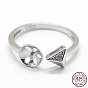 Adjustable 925 Sterling Silver Cuff Finger Ring Components, For Half Drilled Beads, with Cubic Zirconia, Clear, Triangle